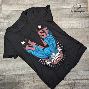 Karlywindow Short Sleeve Mesh V Neck Distressed Hawk Print Tee Shirt Size M